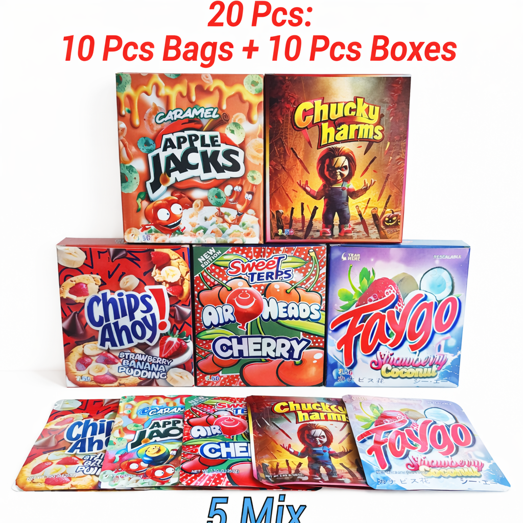 20pcs Mylar Bags with Matching Paper Boxes Set 10 Bags + 10 Boxes Smell Proof Resealable Ziplock Packaging for Candy Retail Display