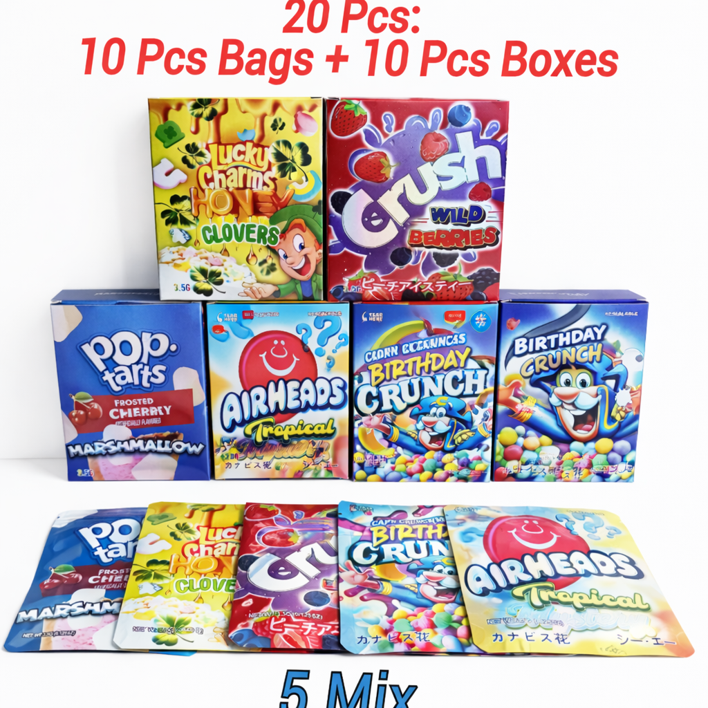 20pcs Mylar Bag & Box Set 10 Bags 10 Boxes Smell Proof Ziplock Stand Up Pouches for Candy Packaging Mixed Designs