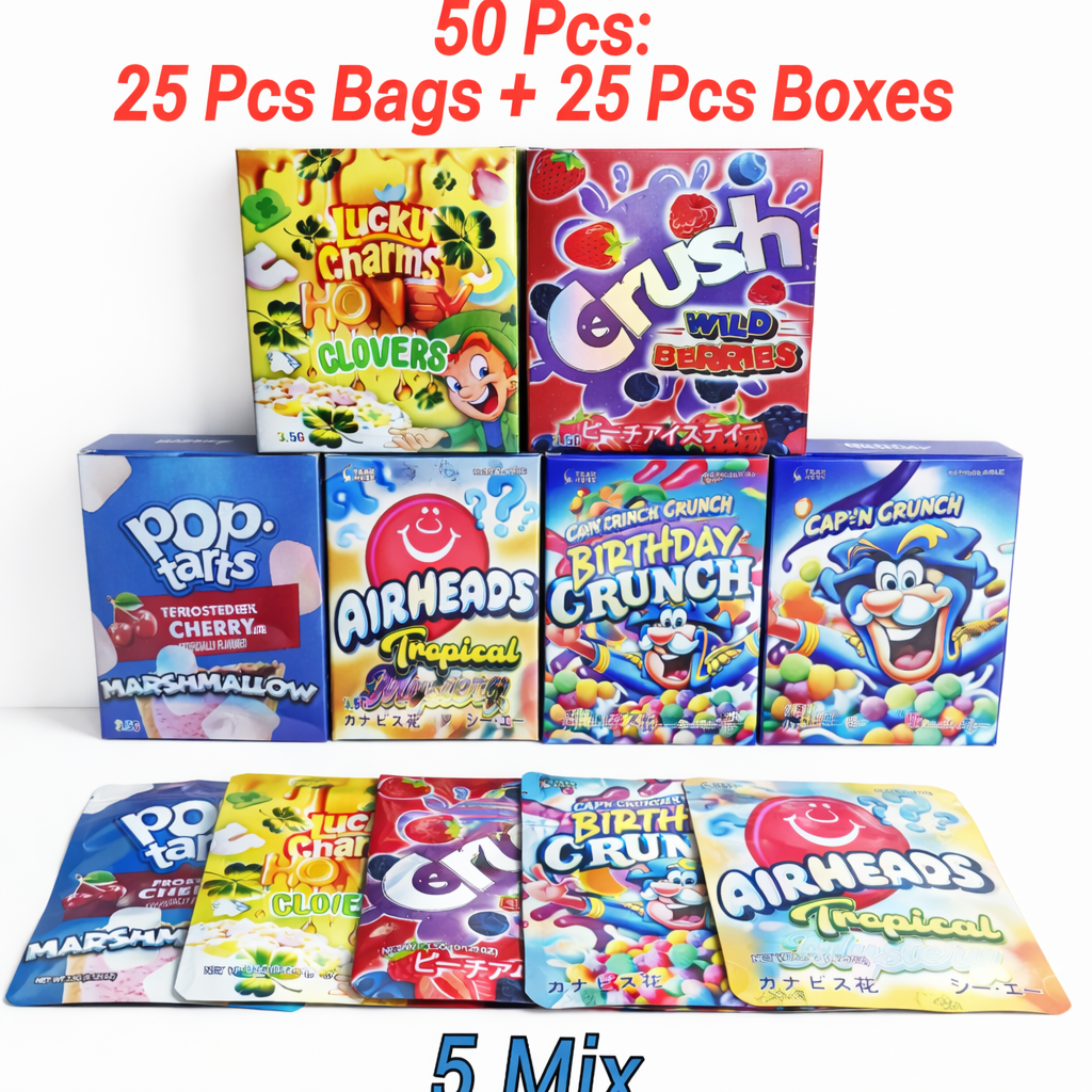 50pcs Mylar Bag & Box Set 25 Bags 25 Boxes Smell Proof Ziplock Stand Up Pouches for Candy Packaging Mixed Designs