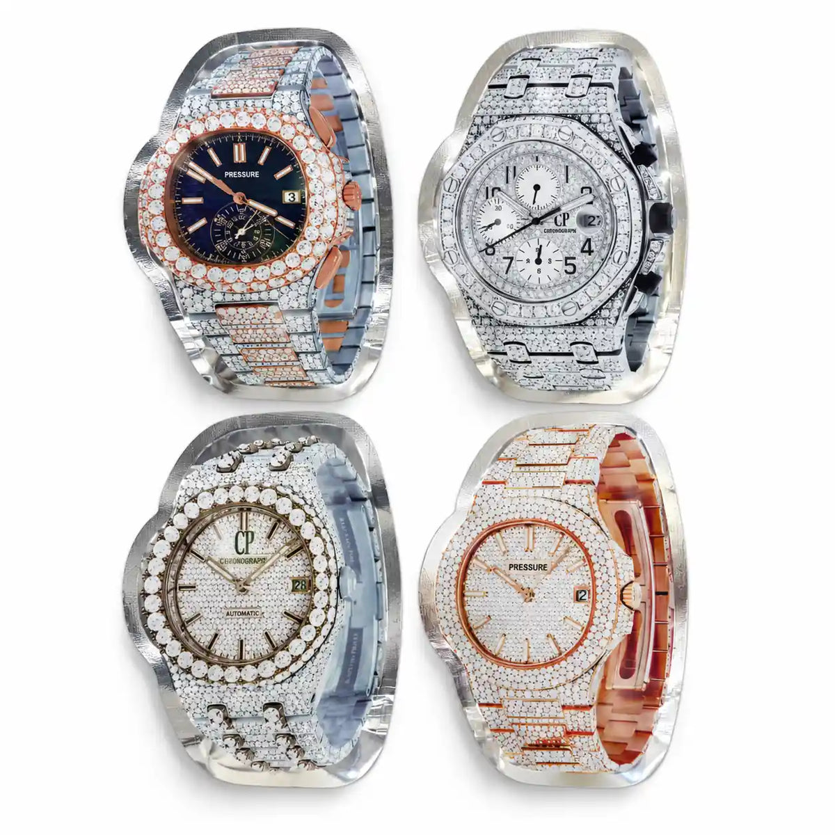 4 styles of 100 pack luxury watch theme 3.5g die cut mylar bags with iced out diamonds design