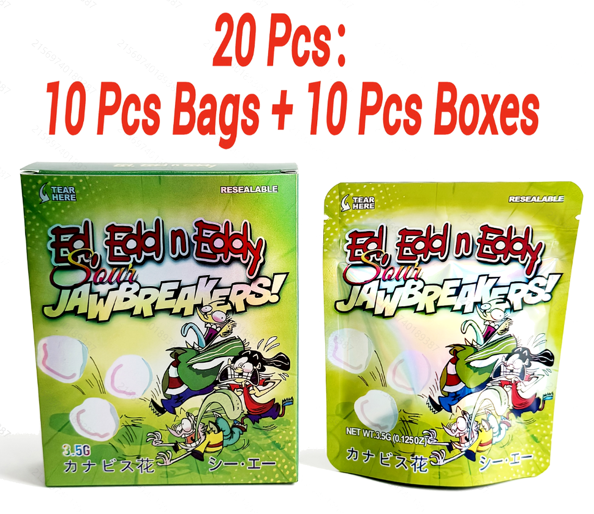 20pcs Mylar Bag & Box Combo 10 Bags 10 Boxes Smell Proof Ziplock Stand Up Pouch with Custom Cartoon Design Packaging