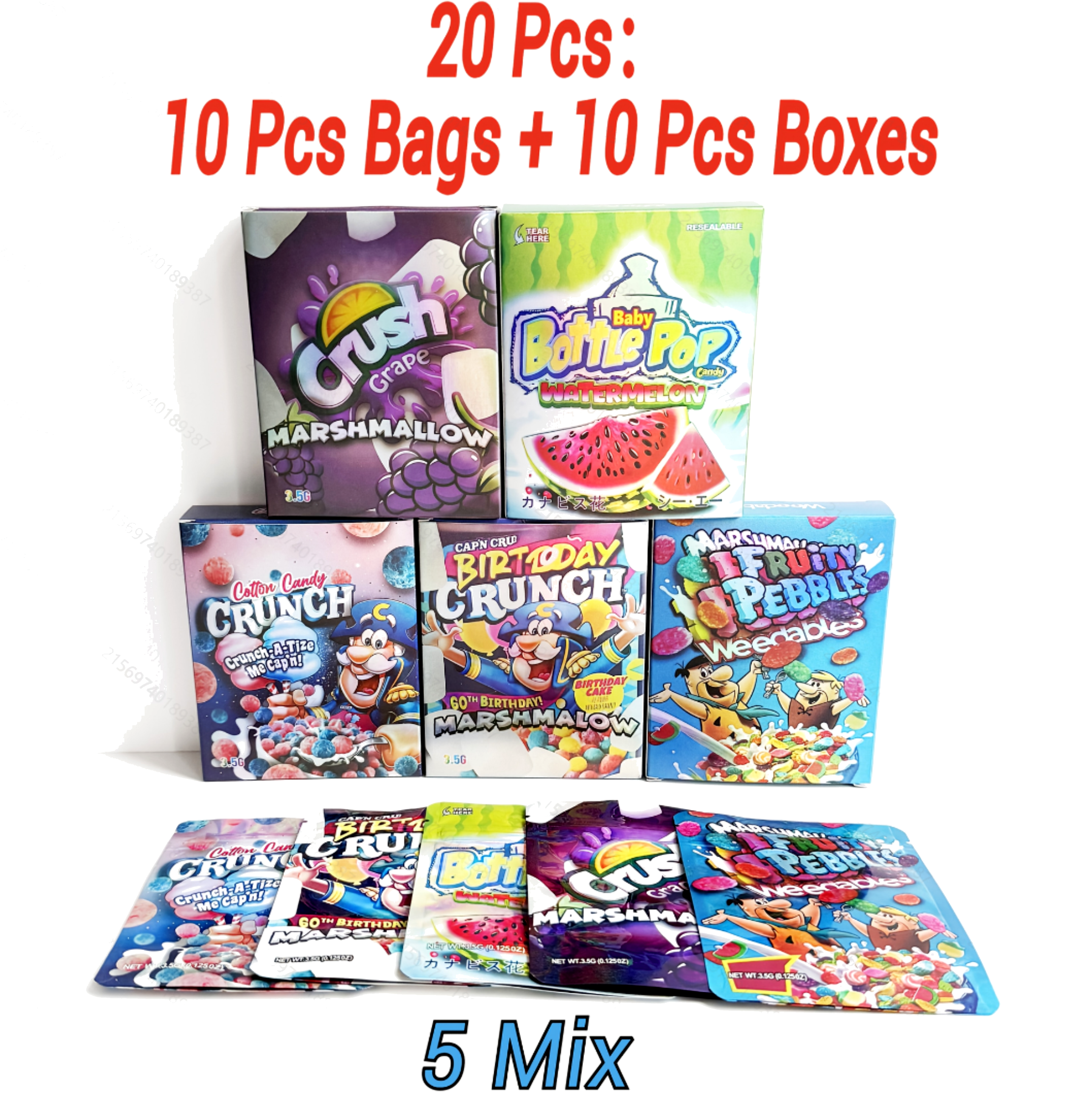 20pcs Mylar Bag & Box Combo Set 5 Mixed Designs Smell Proof Ziplock Stand Up Pouch Packaging 10 Bags 10 Boxes Assorted Candy Packaging