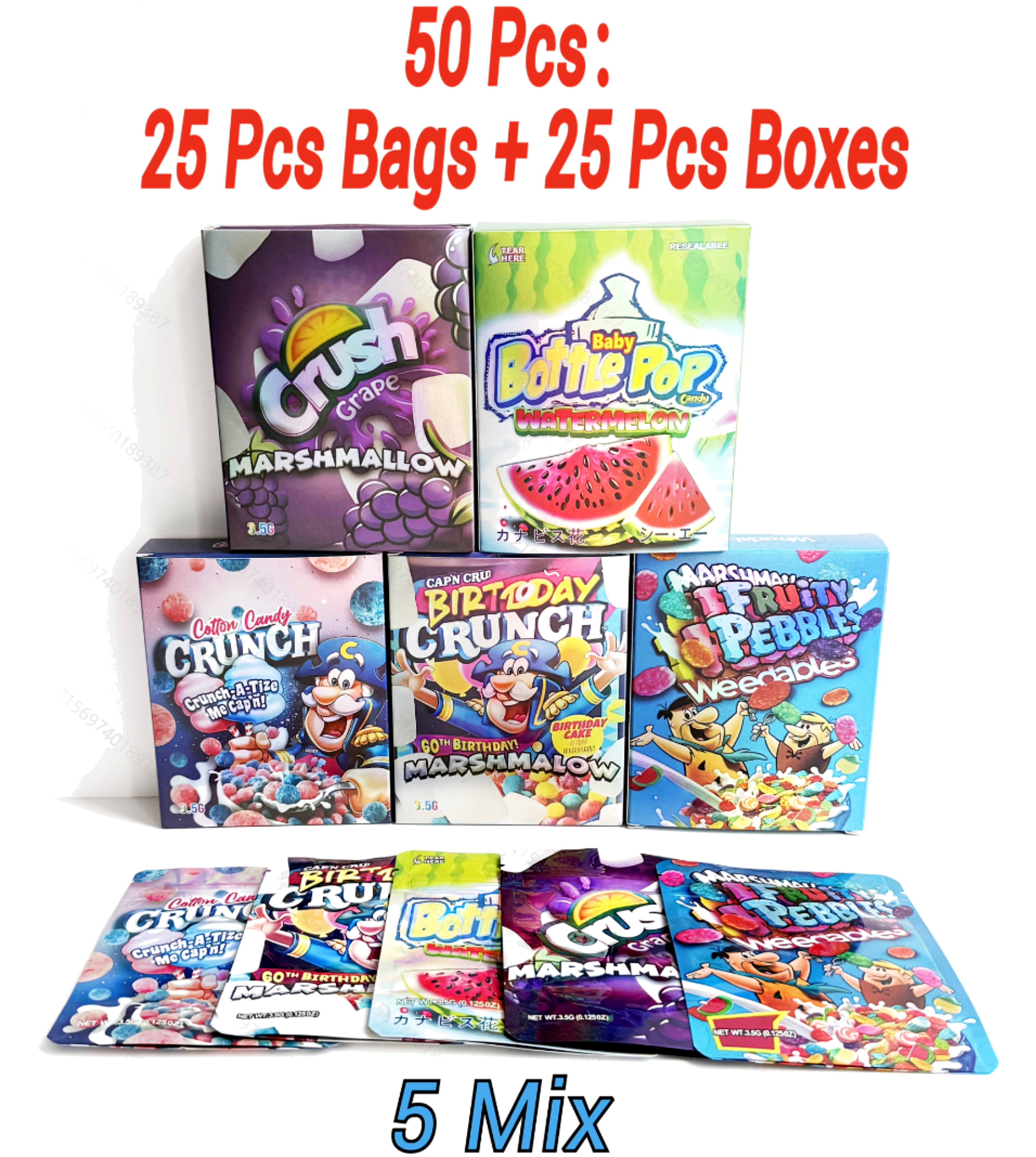 50pcs Mylar Bag & Box Combo Set 5 Mixed Designs Smell Proof Ziplock Stand Up Pouch Packaging 25 Bags 25 Boxes Bulk Candy Packaging