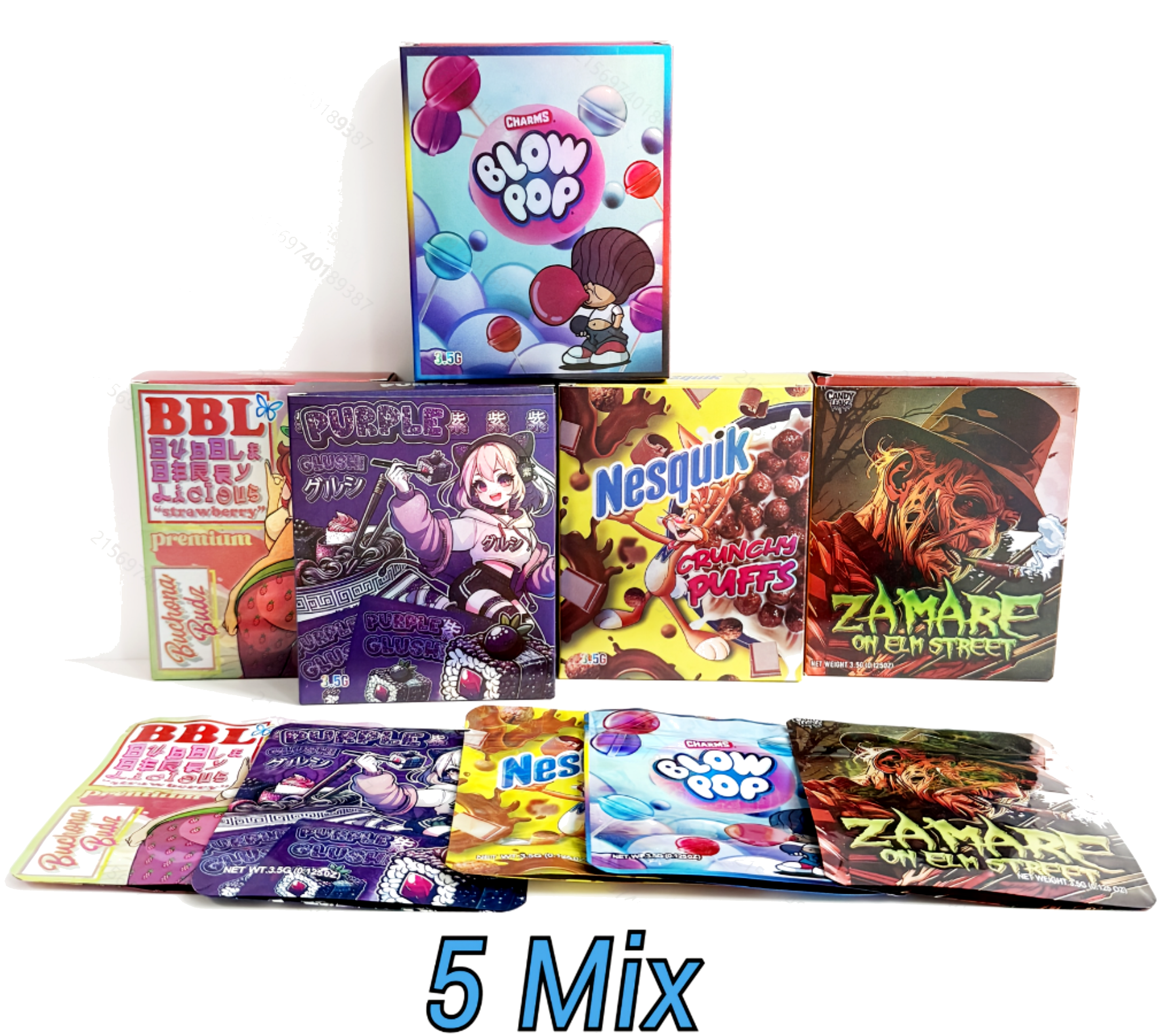 20pcs Mylar Bag & Box Combo Set 5 Mixed Designs Smell Proof Ziplock Stand Up Pouch Packaging Custom Style Assorted Candy Packaging