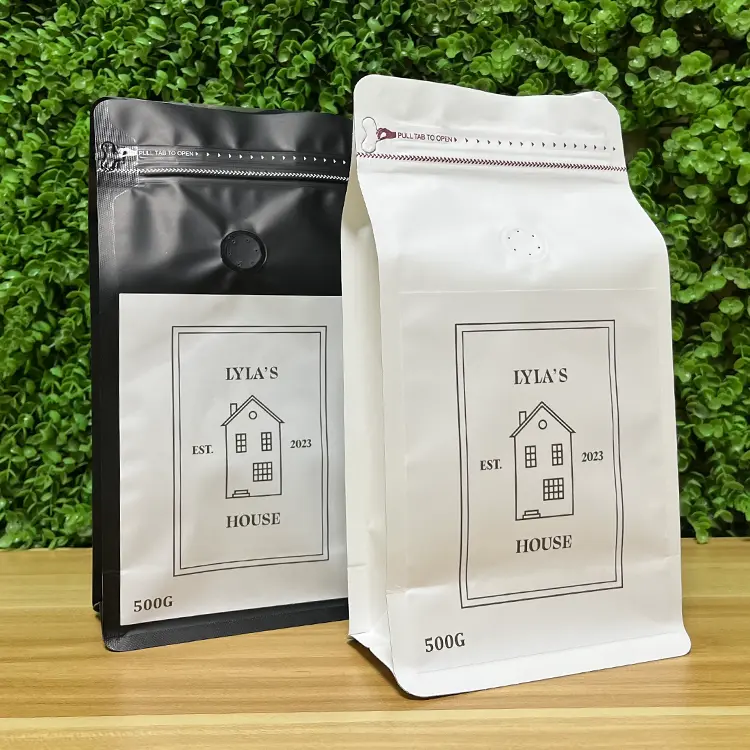 Custom Printed Resealable Kraft Flat Bottom Pouch Coffee Bean 12 oz 250G Packaging Bags With Valve And Zipper